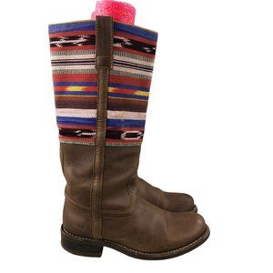2568 Women's Size 5 Brown Leather Serape Multi Print Block Heel Pull On Boots